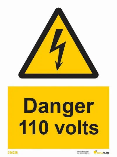 Hætta – 110 volt – sjálflýsandi skilti 150 x 200 mm