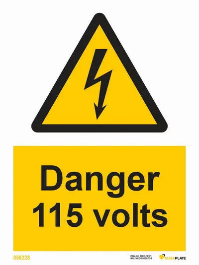 Hætta – 115 volt – sjálflýsandi skilti 150 x 200 mm