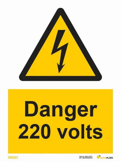 Hætta – 220 volt – sjálflýsandi skilti 150 x 200 mm