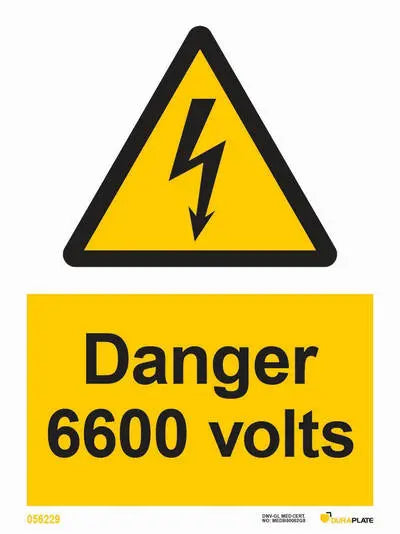 Hætta – 6600 volt – sjálflýsandi skilti 150 x 200 mm