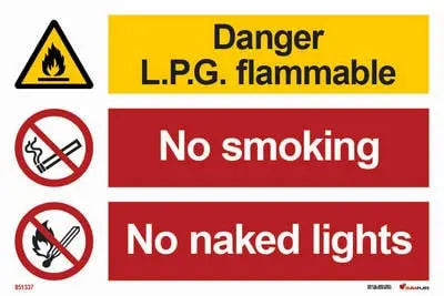 Hætta – eldfimt fljótandi gas (LPG), reykingar og opinn logi bannaður – sjálflýsandi skilti 300 x 200 mm