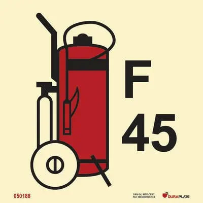 Froðuslökkvitæki á hjólum 45 l – sjálflýsandi skilti 150 x 150 mm