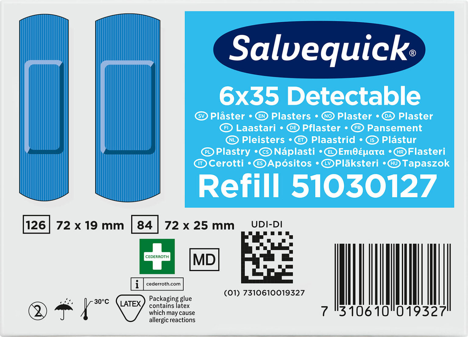 Salvequick Blár skynjanlegur plástur áfylling 35st