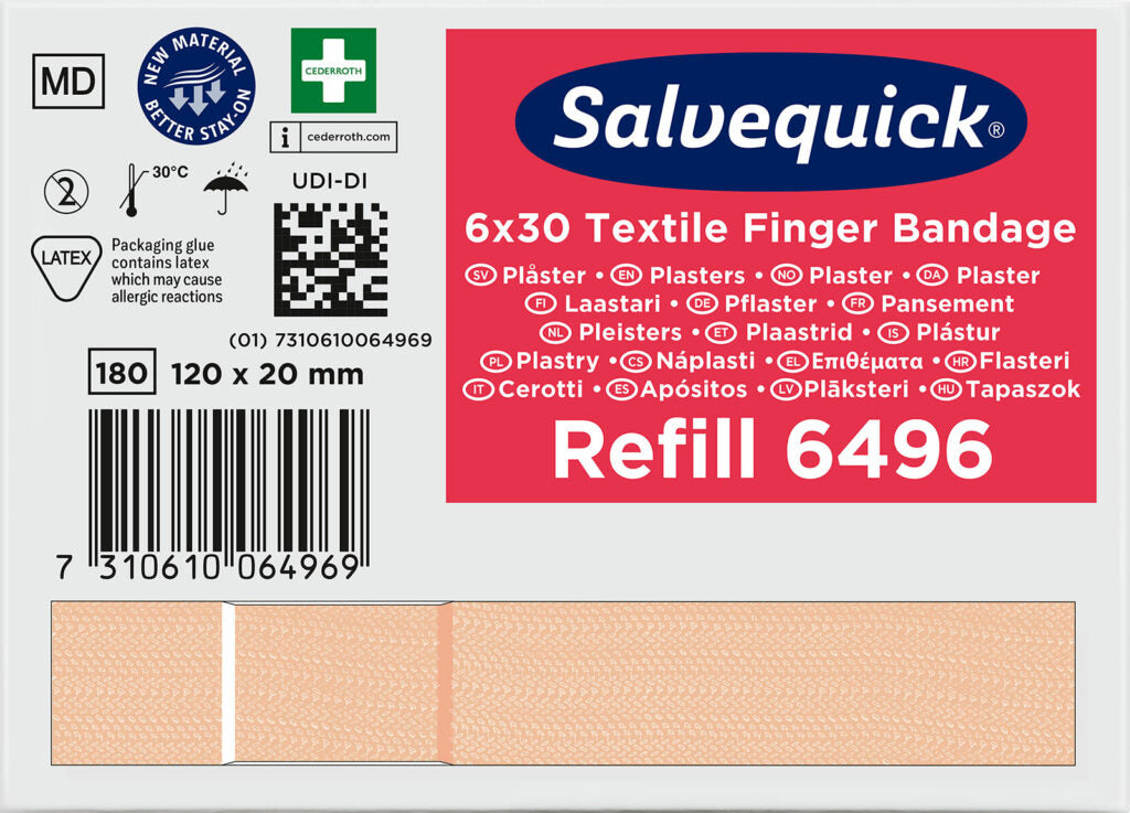 Salvequick fingurplástrar úr textíl – 120 x 20 mm, áfylling 30 stk.