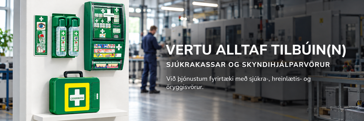 Cederroth skyndihjálparstöð á vegg á verkstæði