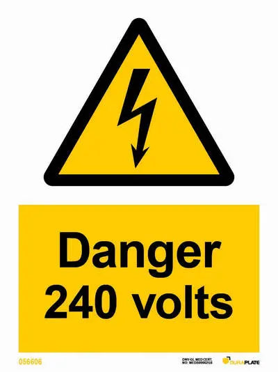 Hætta – 240 volt – sjálflýsandi skilti 150 x 200 mm