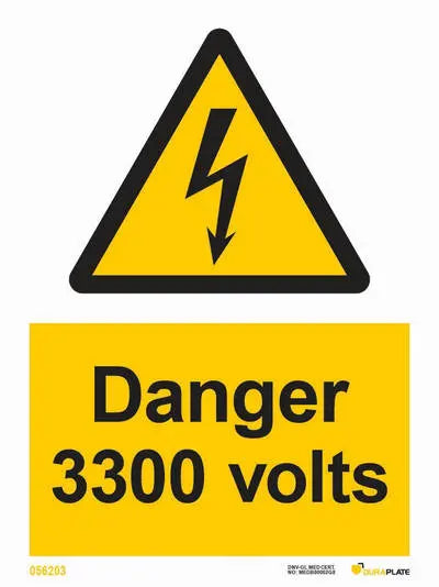 Hætta – 3300 volt – sjálflýsandi skilti 150 x 200 mm