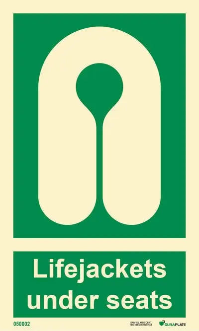 Björgunarvesti undir sætum – sjálflýsandi skilti 150 x 250 mm