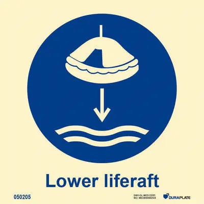 Látið björgunarfleka síga – leiðbeiningar – sjálflýsandi skilti 150 x 150 mm