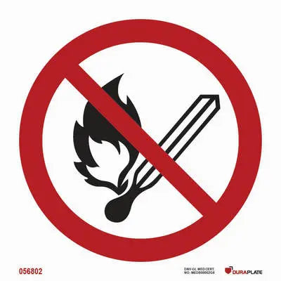 Opinn eldur og óvarið ljós bannað – sjálflýsandi skilti 150 x 150 mm