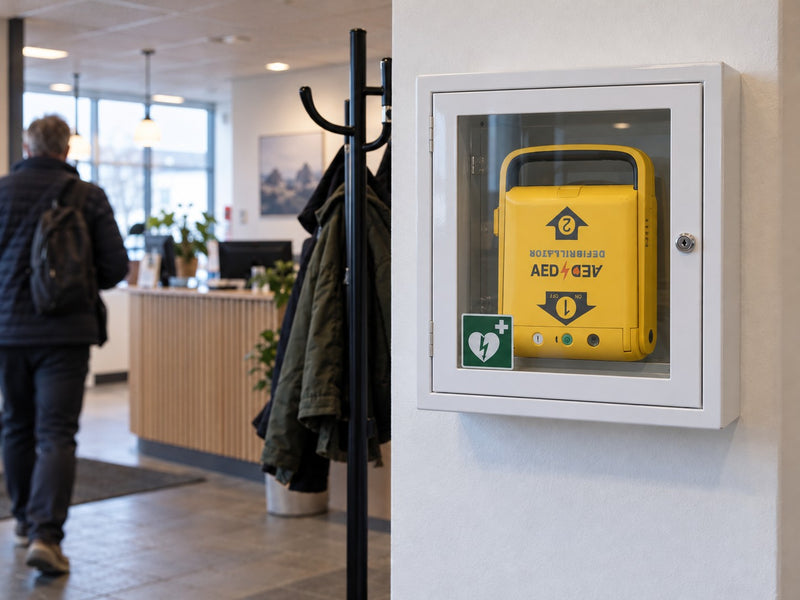 Hjartastuðtæki á vegg á vinnustað