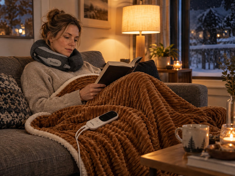 Kona slakar á heima með hitakraga og hitateppi
