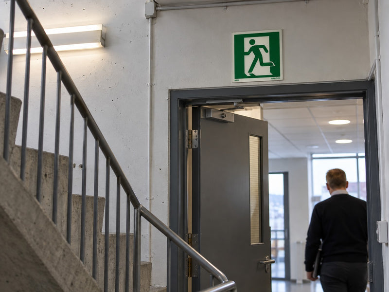 Neyðarútgangsskilti yfir dyrum í stigagangi